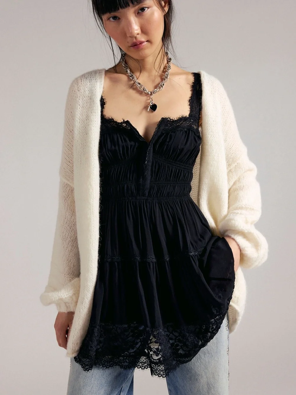 Free People Black Lace-Trim Slip Chemise